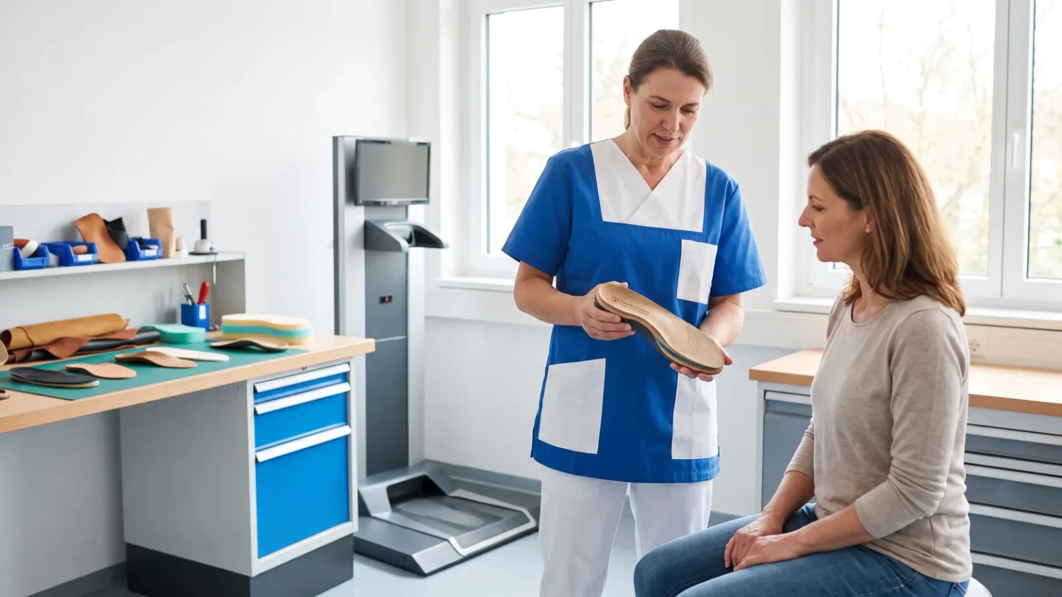 Einlagen nach Maß: Fachkraft zeigt einer Kundin eine orthopädische Einlage nach Maß in einer Beratungssituation.