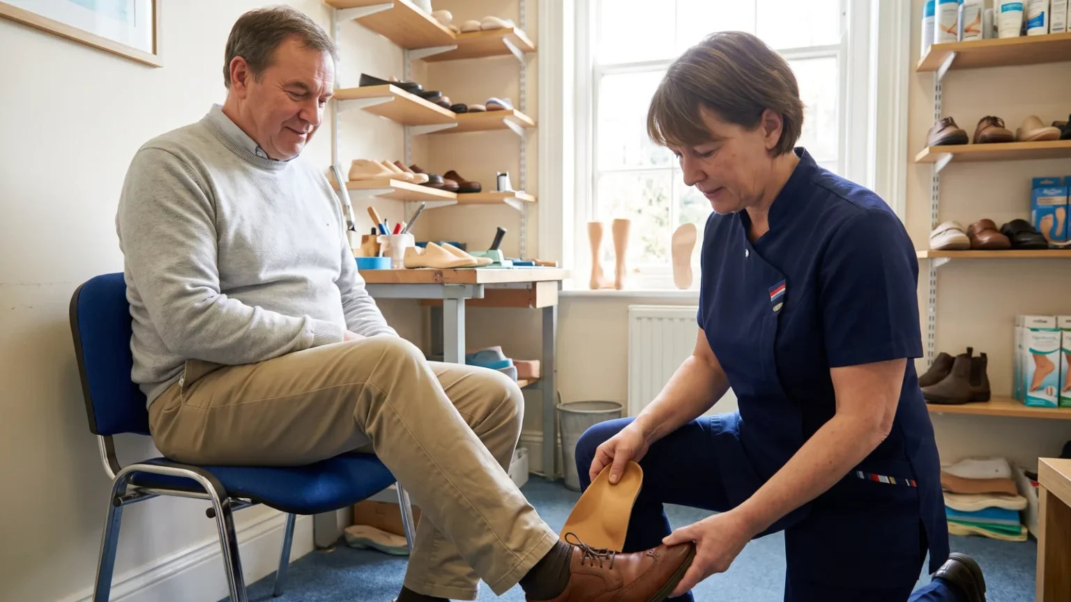 Sanitätshaus Schleswig-Holstein: Eine medizinische Fachkraft hilft einem Mann in einem Sanitätshaus beim Anpassen einer orthopädischen Einlage.