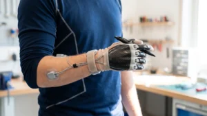 Wie funktioniert eine Handprothese: Nahaufnahme einer Person mit myoelektrischer Handprothese, die einen Stift hält.