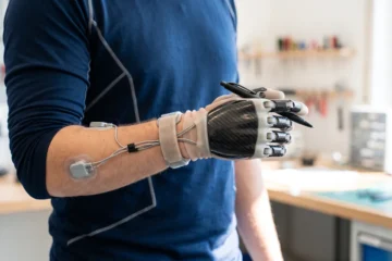 Wie funktioniert eine Handprothese: Nahaufnahme einer Person mit myoelektrischer Handprothese, die einen Stift hält.