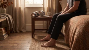 Ab wann ohne Orthese schlafen: Eine Person sitzt barfuß auf einem Bett, neben dem eine Orthese auf einem Nachttisch liegt.