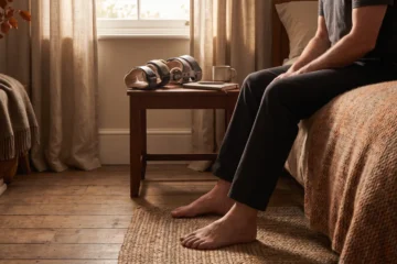 Ab wann ohne Orthese schlafen: Eine Person sitzt barfuß auf einem Bett, neben dem eine Orthese auf einem Nachttisch liegt.